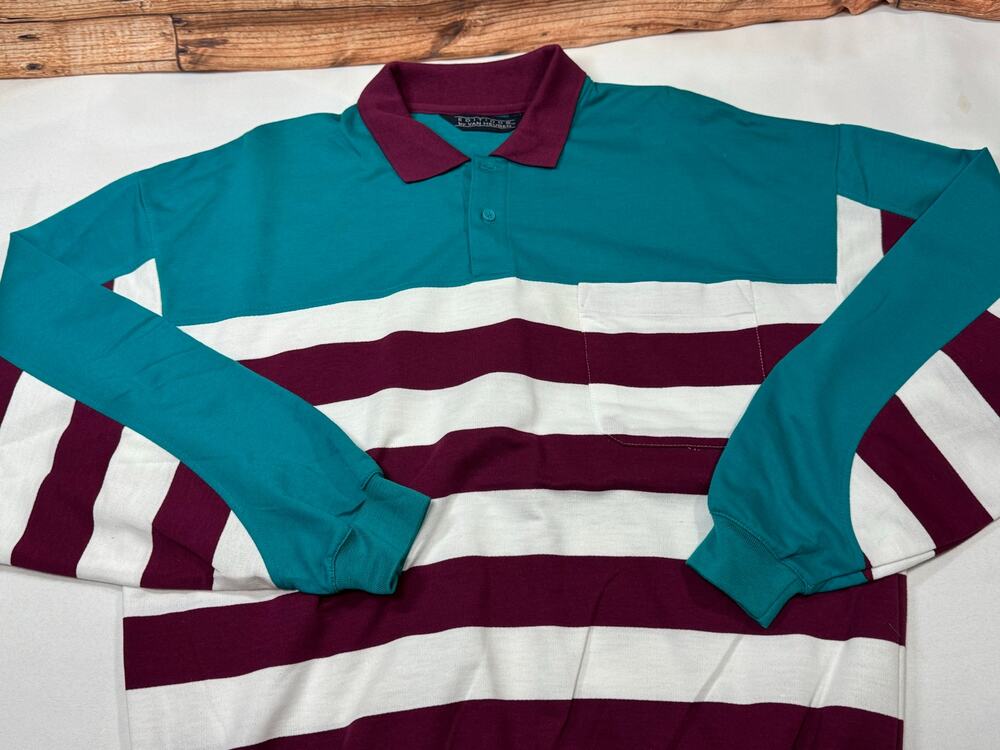 Van Heusen Long Sleeve Polo Purple White Green Stripe Vintage 90s Size Large